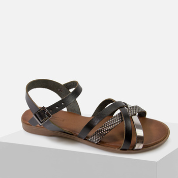 Sandały damskie POTOCKI Skórzane czarne na płaskim obcasie 64008