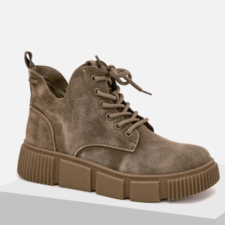 Botki damskie BIG STAR Trapery skórzane zamszowe ocieplane khaki 274595