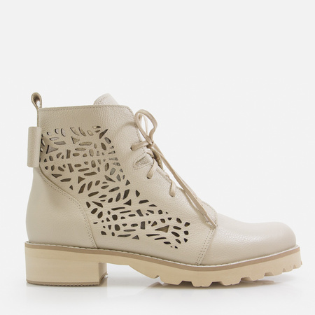 Botki damskie BIZZARRO Ażurowe Trapery Beżowe Skórzane Trzewiki 2011/L