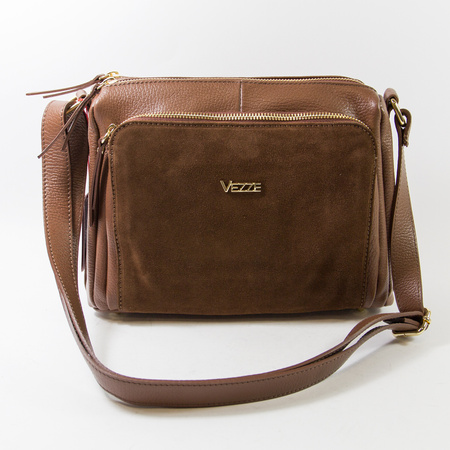 Torebka damska VEZZE Listonoszka Skórzana Brązowa Trzykomorowa V002