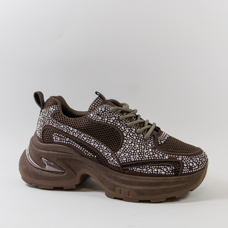 Sneakersy damskie brązowe półbuty na platformie z cyrkoniami