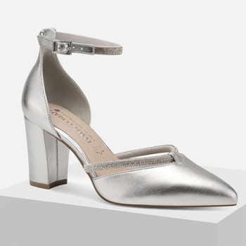 Czółenka damskie MARCO TOZZI Ślubne srebrne na obcasie z kryształami 82404