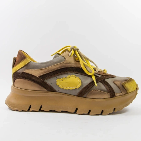 Simen 8692A Żółto-brązowe sneakersy damskie skórzane na platformie