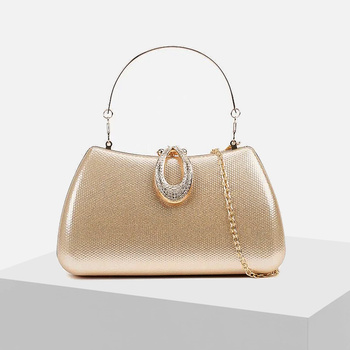 Złota wieczorowa kopertówka Puzderko wizytowe z Rączką Wykończona Cyrkoniami i Łańcuszkiem