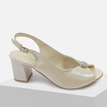 Sandały damskie LAURA PIACCI Skórzane złote Na obcasie Eleganckie Wizytowe 486
