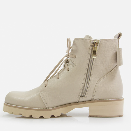 Botki damskie BIZZARRO Ażurowe Trapery Beżowe Skórzane Trzewiki 2011/L