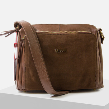 Torebka damska VEZZE Listonoszka Skórzana Brązowa Trzykomorowa V002