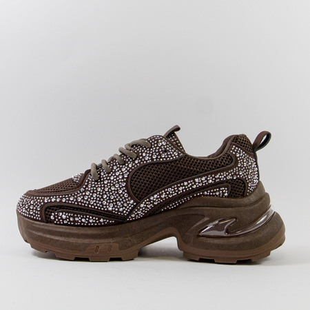 Sneakersy damskie brązowe półbuty na platformie z cyrkoniami