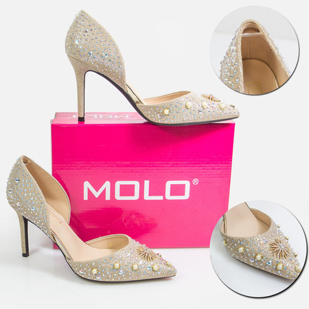 Złote szpilki eleganckie czółenka na ślub wesele z cyrkoniami i perełkami MOLO