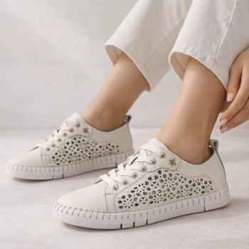 Goodin 1036 półbuty damskie Beżowe sneakersy ażurowe ze skóry naturalnej