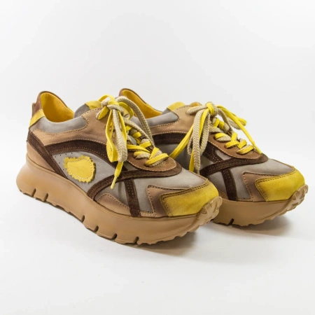 Simen 8692A Żółto-brązowe sneakersy damskie skórzane na platformie