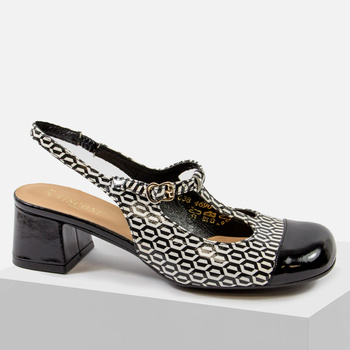 Czółenka damskie VISCONI Czarno białe sandałki bez pięty skórzane obcasie