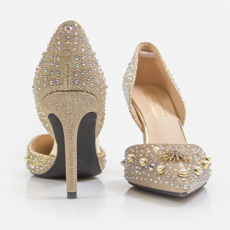 Złote szpilki eleganckie czółenka na ślub wesele z cyrkoniami i perełkami MOLO