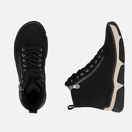 Botki damskie RIEKER Czarne trzewiki Sneakersy ocieplane ANTISTRESS  