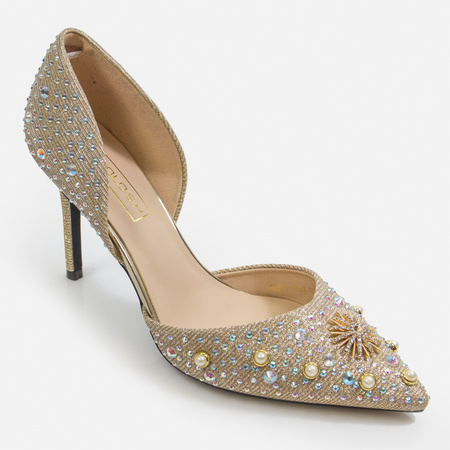 Złote szpilki eleganckie czółenka na ślub wesele z cyrkoniami i perełkami MOLO