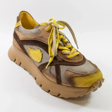 Simen 8692A Żółto-brązowe sneakersy damskie skórzane na platformie