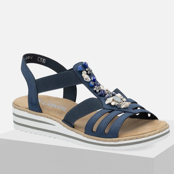 Sandały damskie RIEKER V0649-14 Granatowe na koturnie Antistress z gumkami