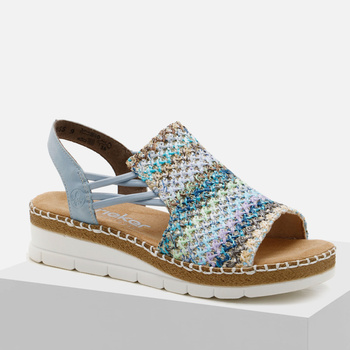 Sandały damskie RIEKER niebieskie na koturnie Antistress plecionka V1241-91
