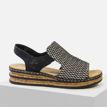 Sandały damskie RIEKER biało-czarne na koturnie Antistress materiałowe