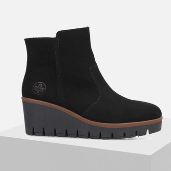 Botki damskie RIEKER czarne Skórzane ocieplane zamszowe na koturnie Y5065