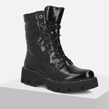 Botki damskie RIEKER Trzewiki ocieplane Czarne lakierowane workery Y3330