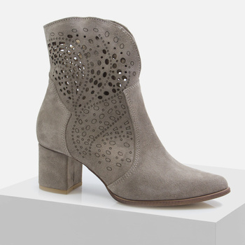 Botki damskie LEWSKI 3166 Welurowe skórzane Zamszowe kowbojki ażurowe Szary beż