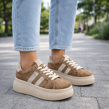 GOODIN 1050 Skórzane Sneakersy damskie Brązowe Półbuty Platformy z Zamszu