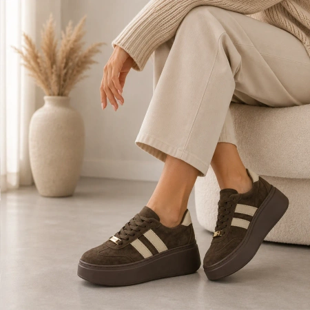 Goodin 1044 brązowe sneakersy damskie zamszowe na platformie