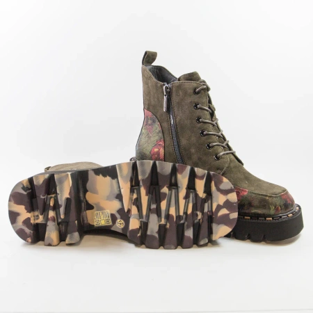 Artiker 59C0250 Botki damskie skórzane zamszowe khaki w kwiaty