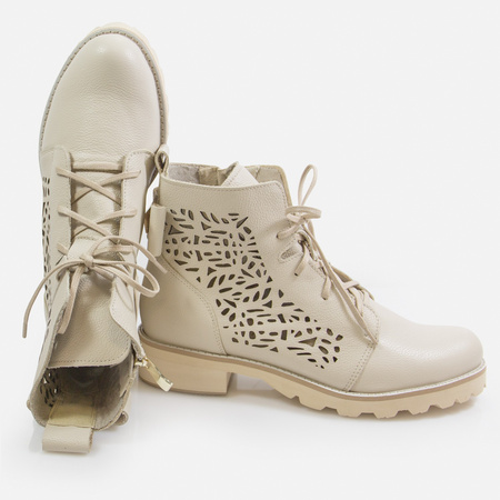 Botki damskie BIZZARRO Ażurowe Trapery Beżowe Skórzane Trzewiki 2011/L