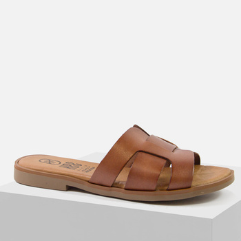 Klapki damskie HEE 25320 Skórzane brązowe na płaskim obcasie