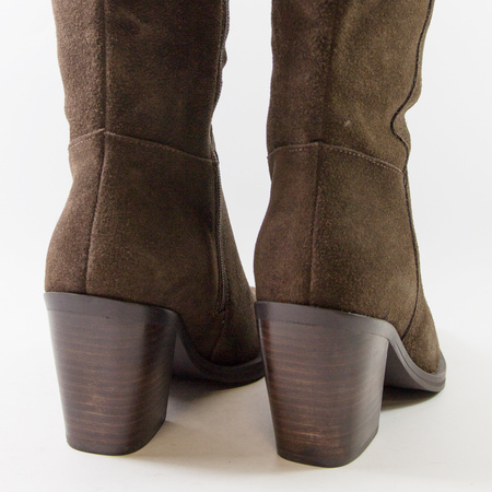 Kozaki damskie SOHO 2704 Skórzane brązowe na obcasie zamszowe ocieplane