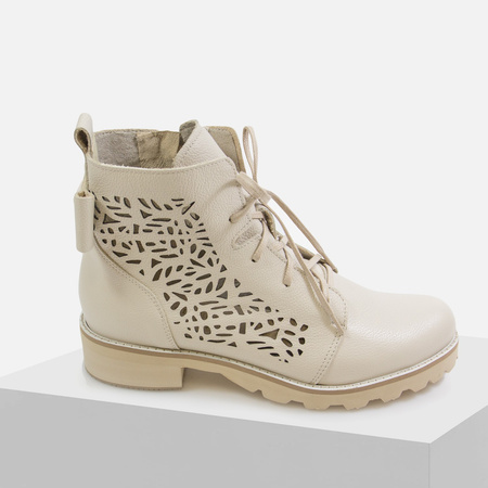 Botki damskie BIZZARRO Ażurowe Trapery Beżowe Skórzane Trzewiki 2011/L