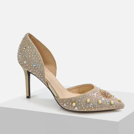 Złote szpilki eleganckie czółenka na ślub wesele z cyrkoniami i perełkami MOLO