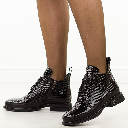 Botki damskie CAMBELL Czarne skórzane ocieplane lakierowane 60320