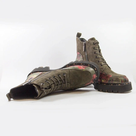 Artiker 59C0250 Botki damskie skórzane zamszowe khaki w kwiaty
