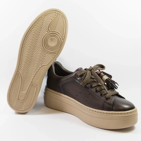 Tamaris 23775 brązowe sneakersy damskie skórzane na platformie mocca