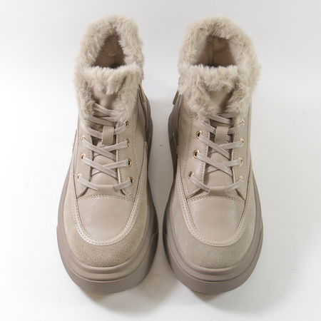 Botki damskie CAMBELL Beżowe skórzane na platformie ocieplane 19352