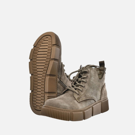 Botki damskie BIG STAR Trapery skórzane zamszowe ocieplane khaki 274595