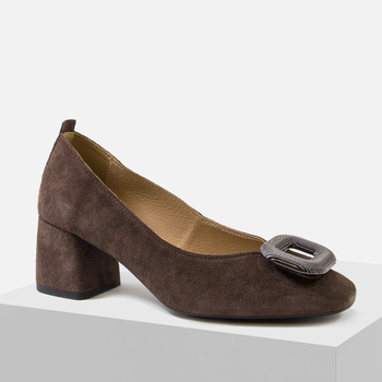 Czółenka damskie UNCOME Brązowe zamszowe półbuty skórzane na obcasie 38062