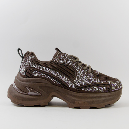 Sneakersy damskie brązowe półbuty na platformie z cyrkoniami