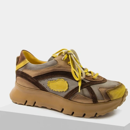 Simen 8692A Żółto-brązowe sneakersy damskie skórzane na platformie