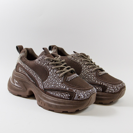 Sneakersy damskie brązowe półbuty na platformie z cyrkoniami