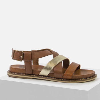 Sandały damskie MARCO TOZZI Skórzane brązowe złote na płaski obcasie 28426