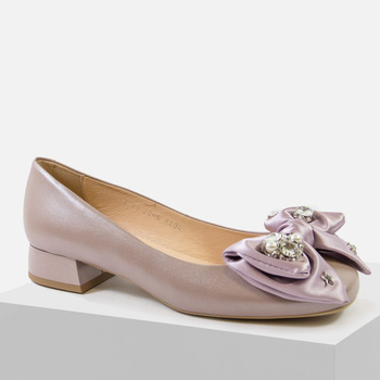 Baleriny damskie KORDEL Czółenka wizytowe półbuty perłowe skórzane różowe