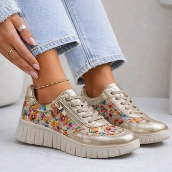 Caprice 23761 sneakersy damskie skórzane kwiatowe złote