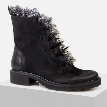 Botki damskie EXQUISITE Czarne trzewiki z koronką skórzane na jesień 1200