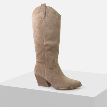 Kozaki damskie zamszowe Kowbojki na obcasie ocieplane beżowe RQ462