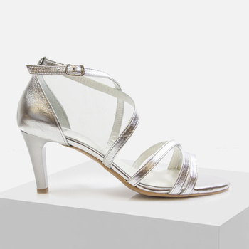 Sandały damskie SOHO Srebrne Skórzane Na obcasie Eleganckie Wizytowe S464/2