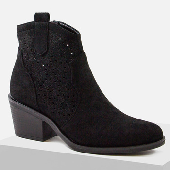 Botki damskie S.BARSKI Czarne ażurowe Zamszowe nieocieplane Kowbojki 529 